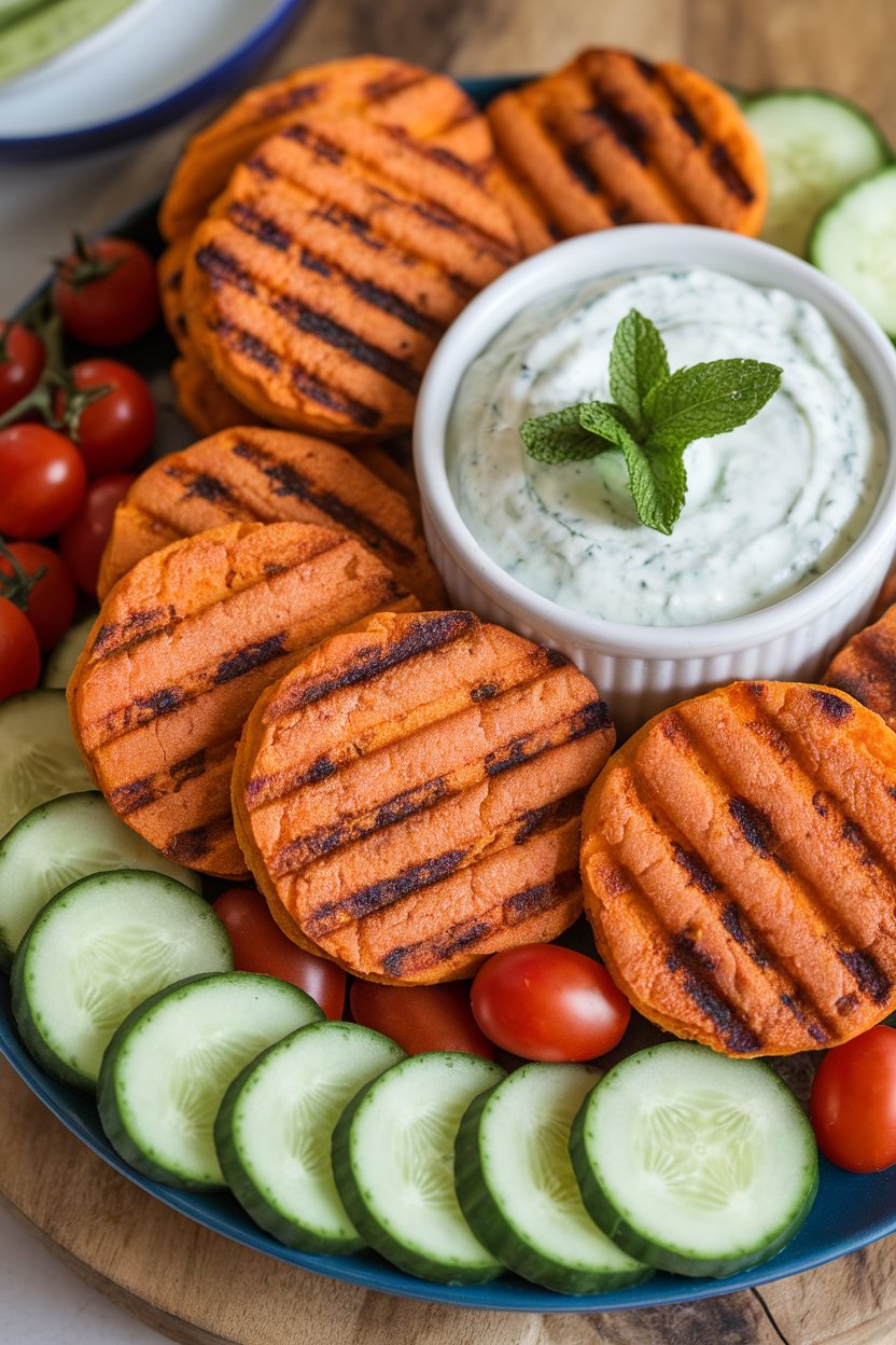 An indoor appetizer platter of round sweet potato and chickpea patties, grill marks visible, served with mint-yogurt dip. No text or logos. Photo, not illustration.