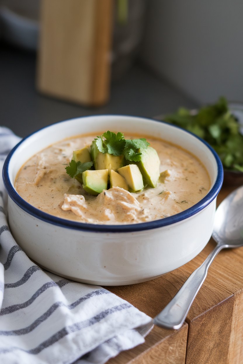 Indoor photo of a white ceramic bowl filled with creamy white chicken chili, topped with diced avocado and cilantro. No text or logos.