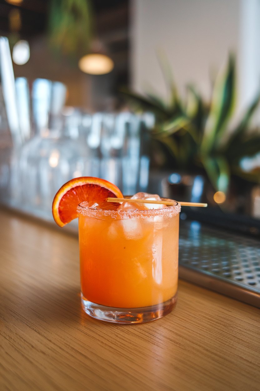 Indoor bar, rocks glass of bright orange margarita, vanilla-bean specks visible, thin blood-orange wheel; no text or logos.