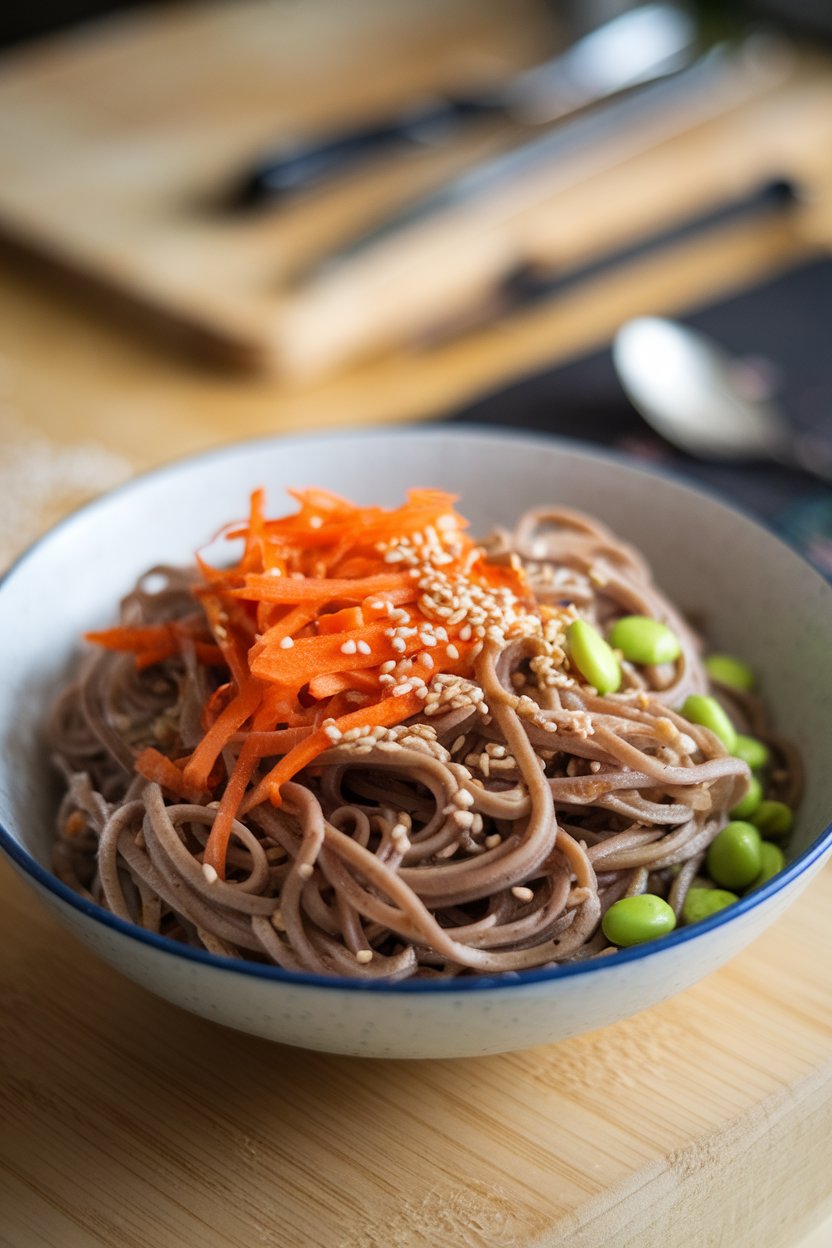 Indoor photo of a bowl of chilled soba noodles mixed with shredded carrots, edamame, and sesame seeds, no text or logos.