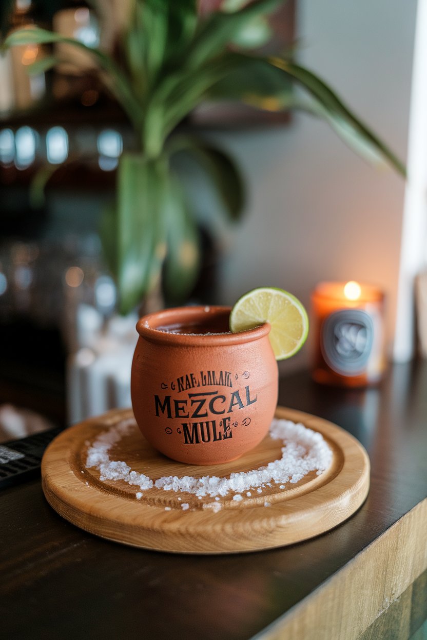 An indoor bar with a clay cup Mezcal Mule, smoked salt rim and lime wedge. No text or logos.