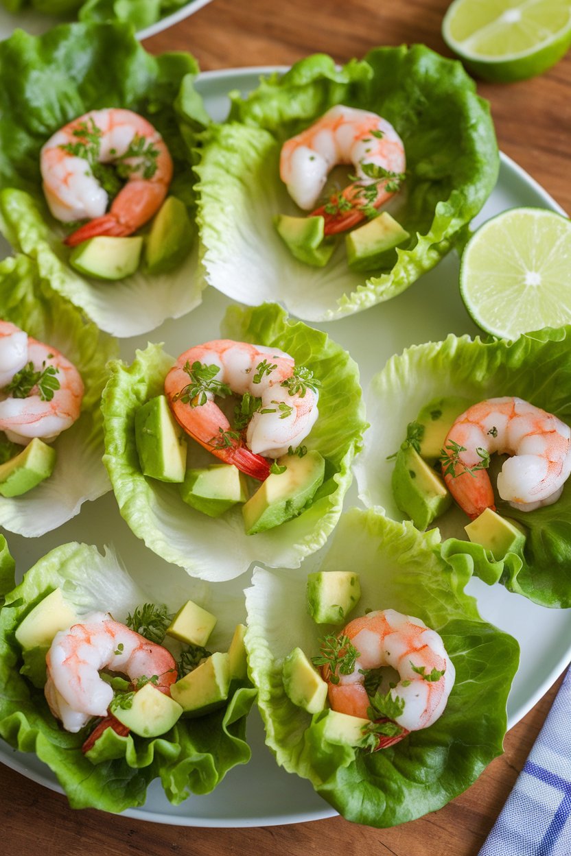 A platter indoors with butter-lettuce cups filled with diced avocado, cooked shrimp, and lime dressing, photo, no text or logos.