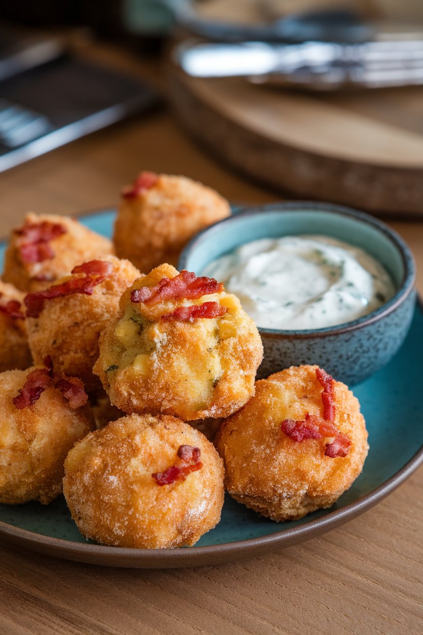 Breaded, fried mashed potato balls flecked with bacon on an indoor plate, ranch dip beside. No text or logos. Photo.