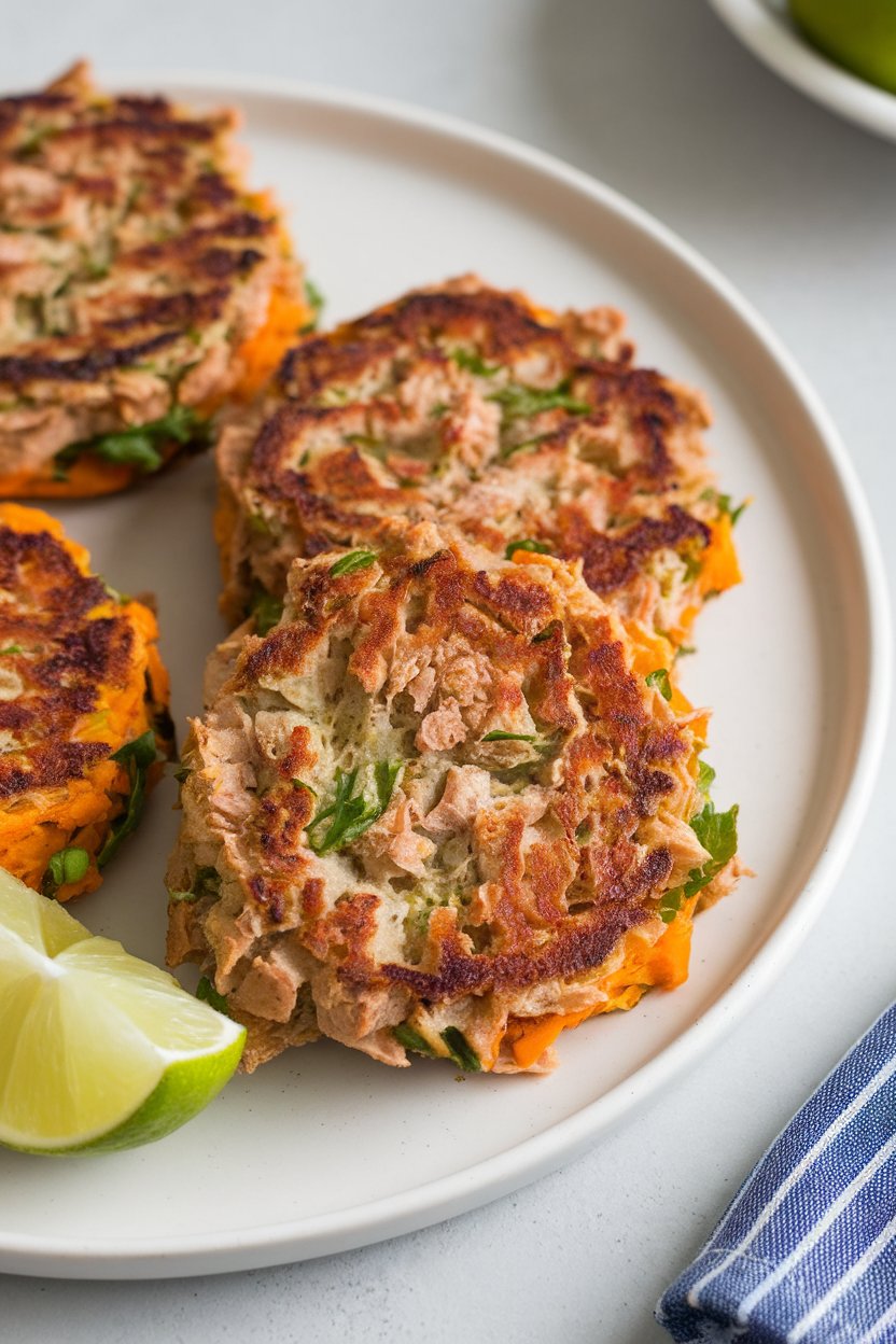 Indoor close-up of pan-seared tuna and sweet potato patties on a white plate with a wedge of lime; no branding, fully cooked.