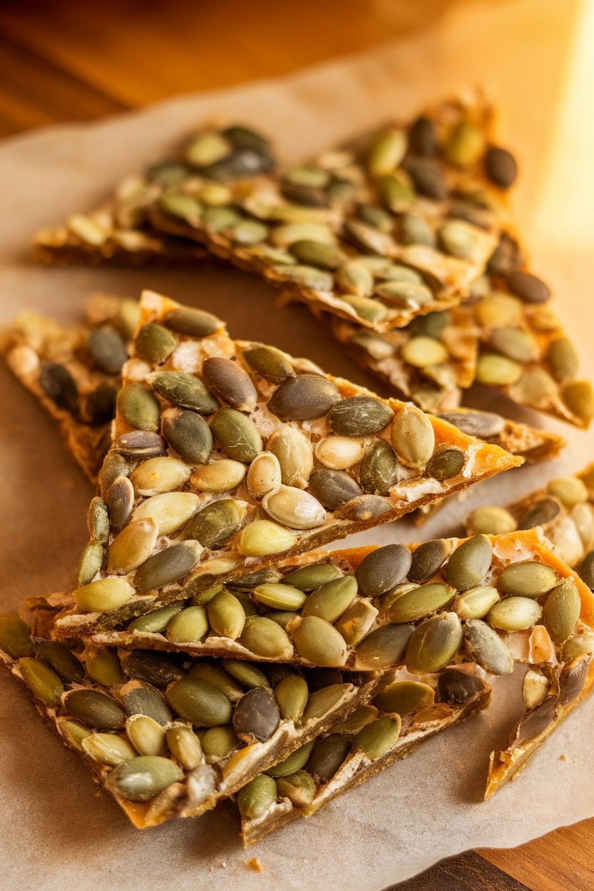Indoor photo of thin shards of pumpkin seed brittle on parchment, warm kitchen light. No text or logos.