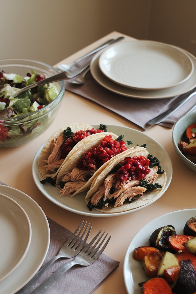 Photo of indoor table with tacos filled with shredded roast turkey, cranberry salsa, and kale ribbons. No branding present.
