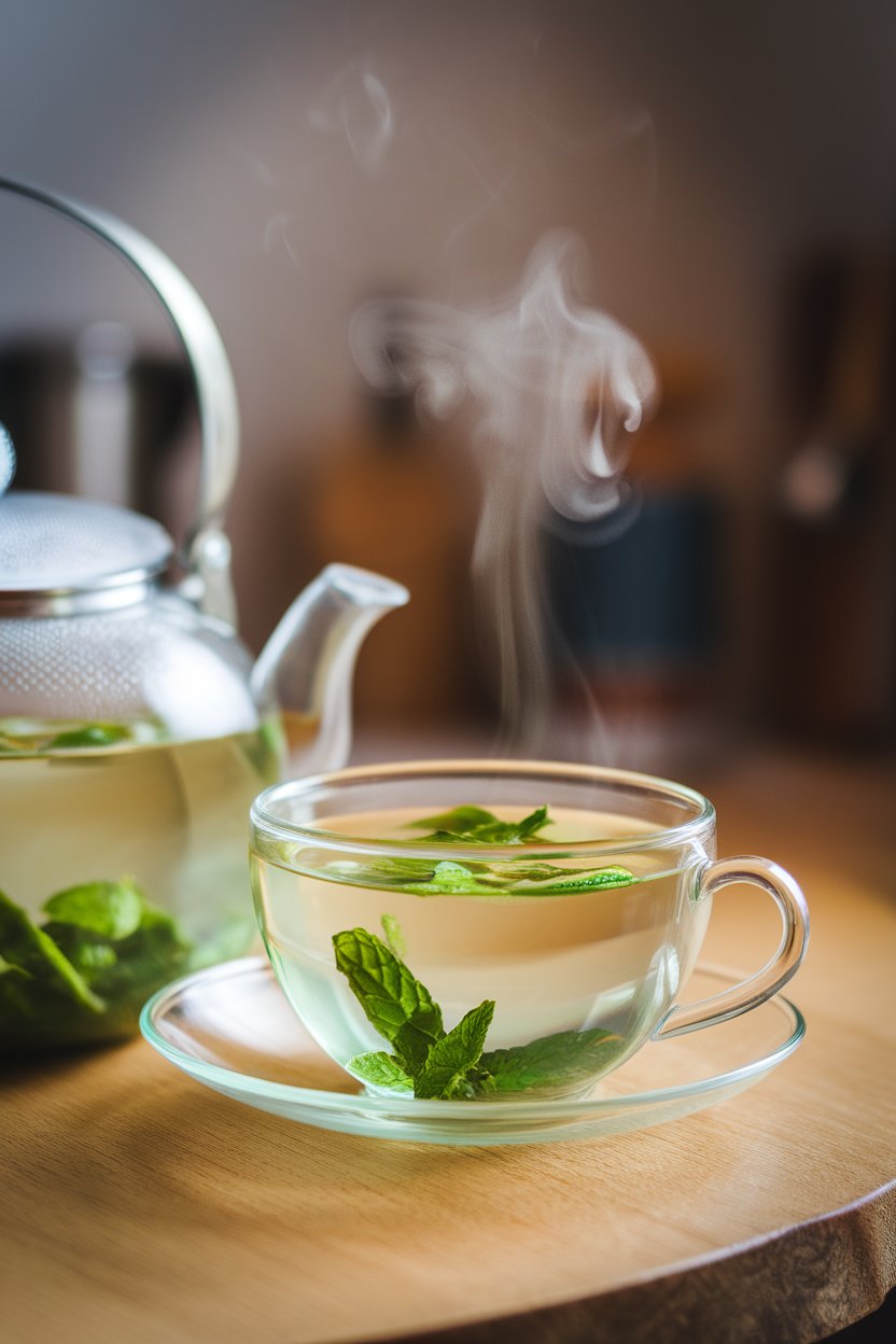 A photo of an indoor teapot and matching cup, steam curling from pale green tea with floating mint leaves; no text or logos.