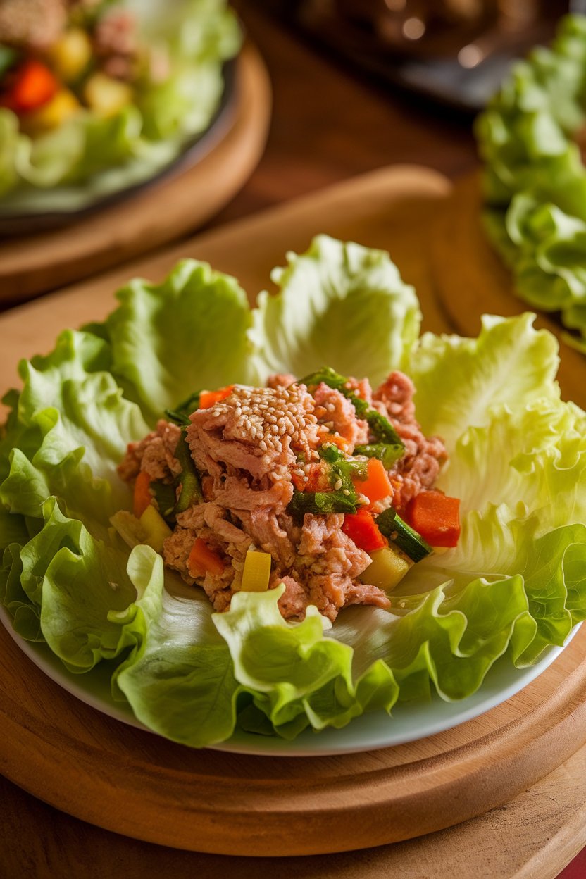 An indoor plate of soft lettuce leaves filled with minced turkey and mixed veggies, photographed under warm light; no text or logos.