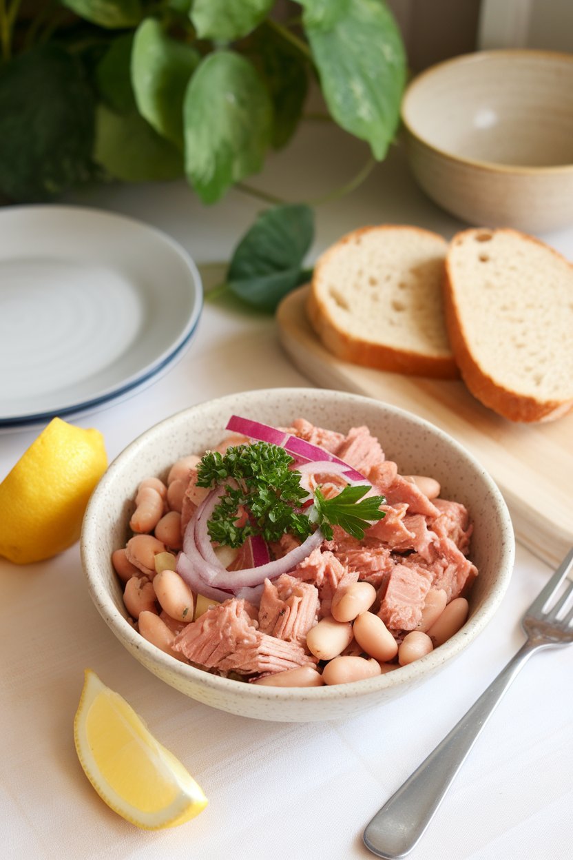 Photo of an indoor lunch setting displaying a bowl of tuna, white beans, red onion, and parsley tossed lightly, no text or logos