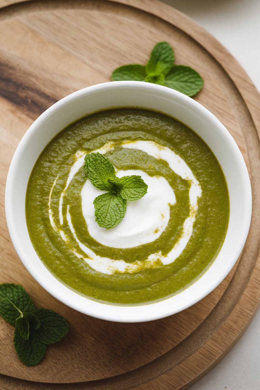 Photo, indoors, vibrant green soup in a white bowl with a swirl of coconut yogurt and fresh mint garnish. No text or logos.