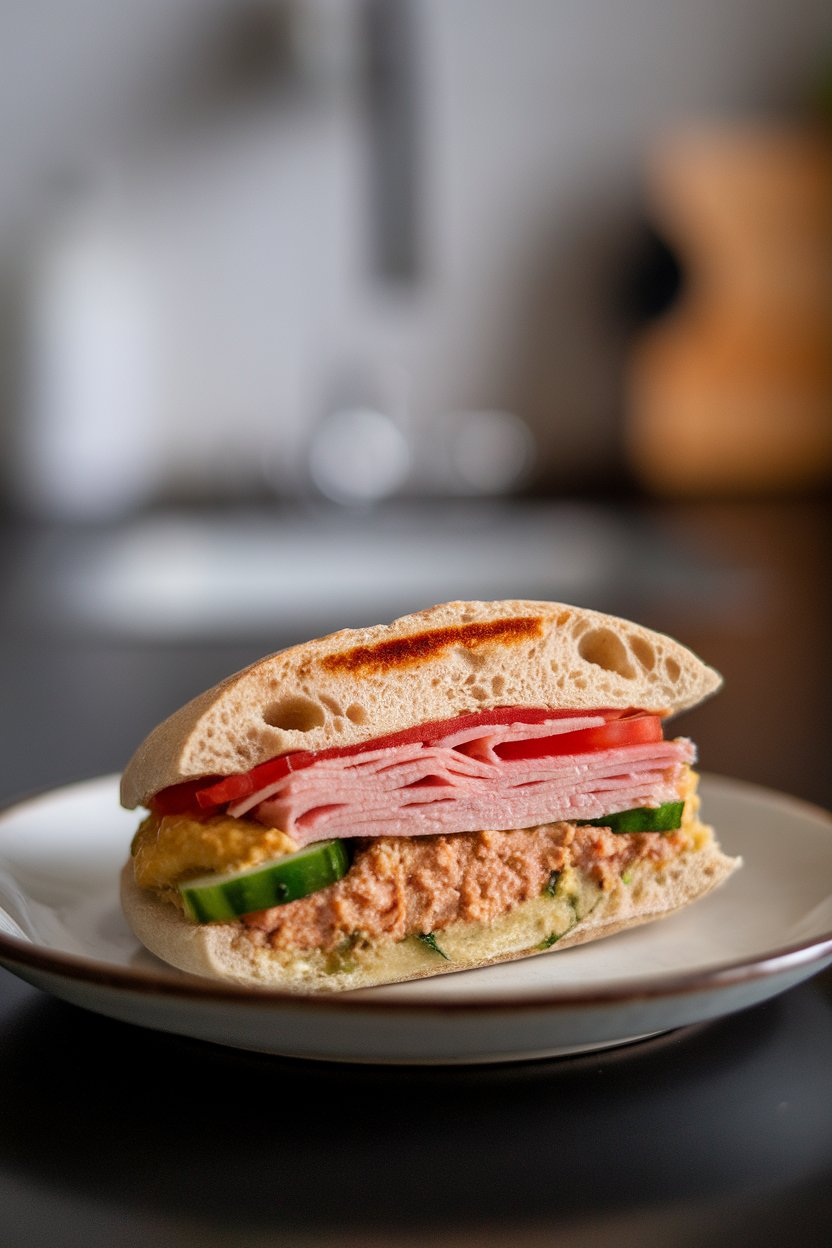 Indoor photo of a halved pita stuffed with sliced turkey, hummus, cucumber, and tomato, placed on a simple plate, no text or logos.