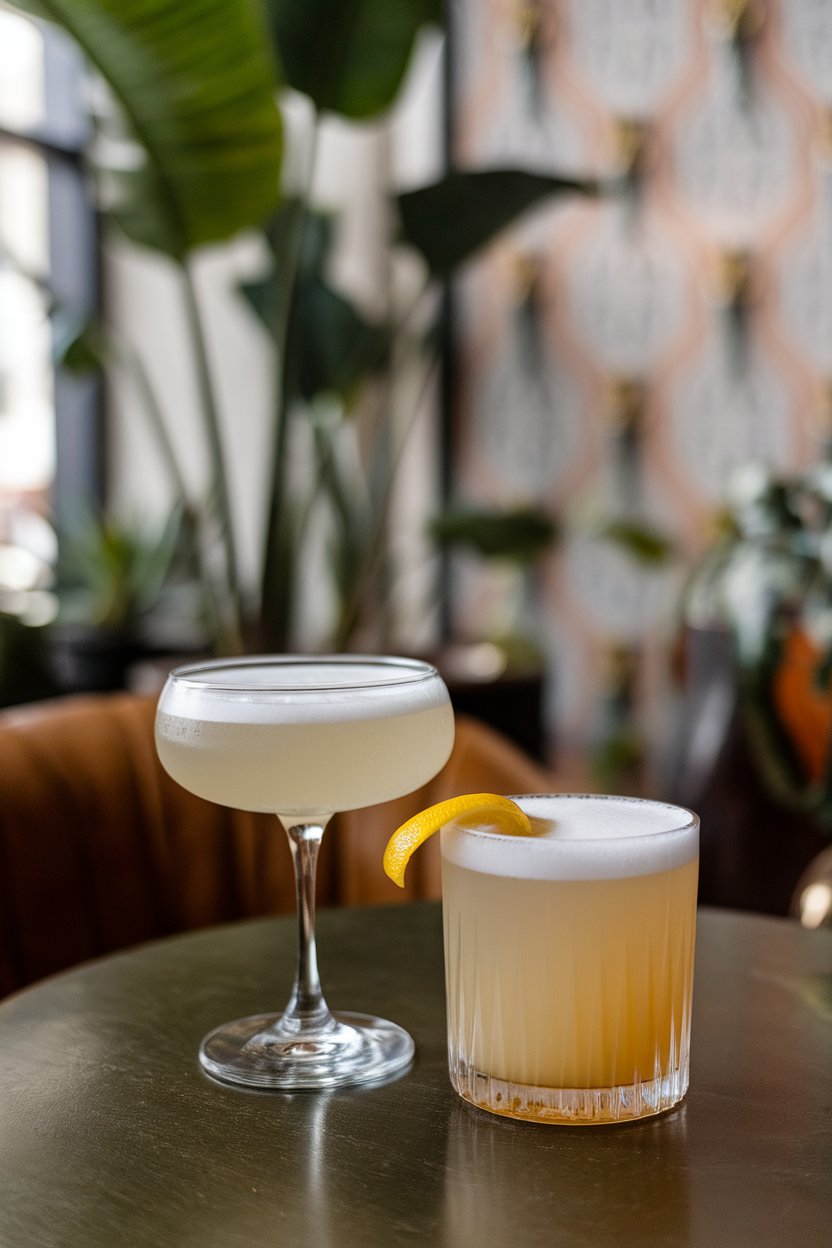 An indoor lounge with a coupe of frothy pale White Lady, lemon zest resting on foam. No text or logos.