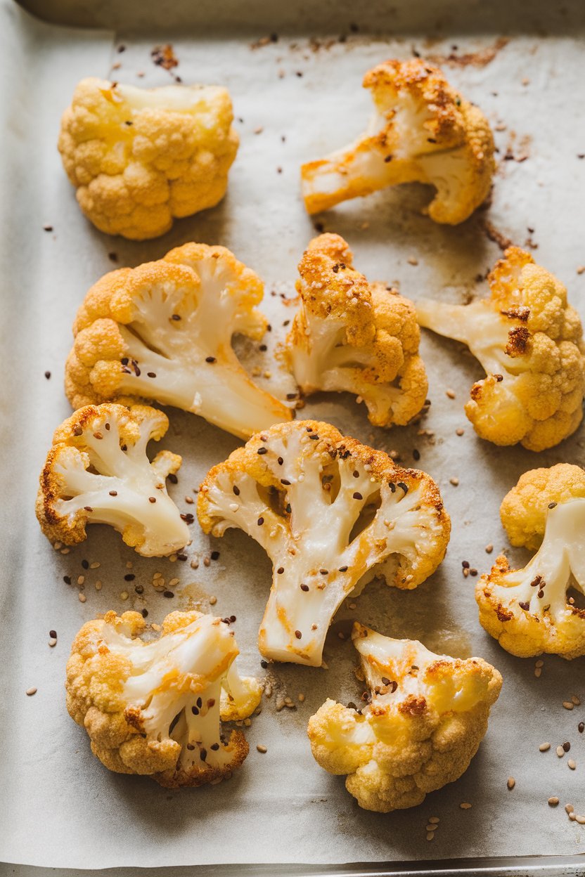 Indoor food photo of glazed cauliflower florets sprinkled with sesame seeds on a parchment-lined tray; no text or logos.