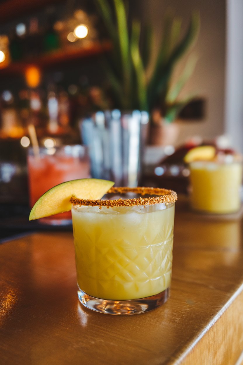 An indoor cantina bar with a rocks glass Mango Chili Margarita, tajín rim and mango slice. No text or logos.