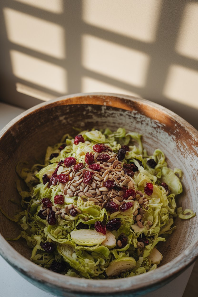 Indoor photo of thinly shaved Brussels sprouts mixed with dried cranberries and sunflower seeds in a mixing bowl. No text or logos; photograph.