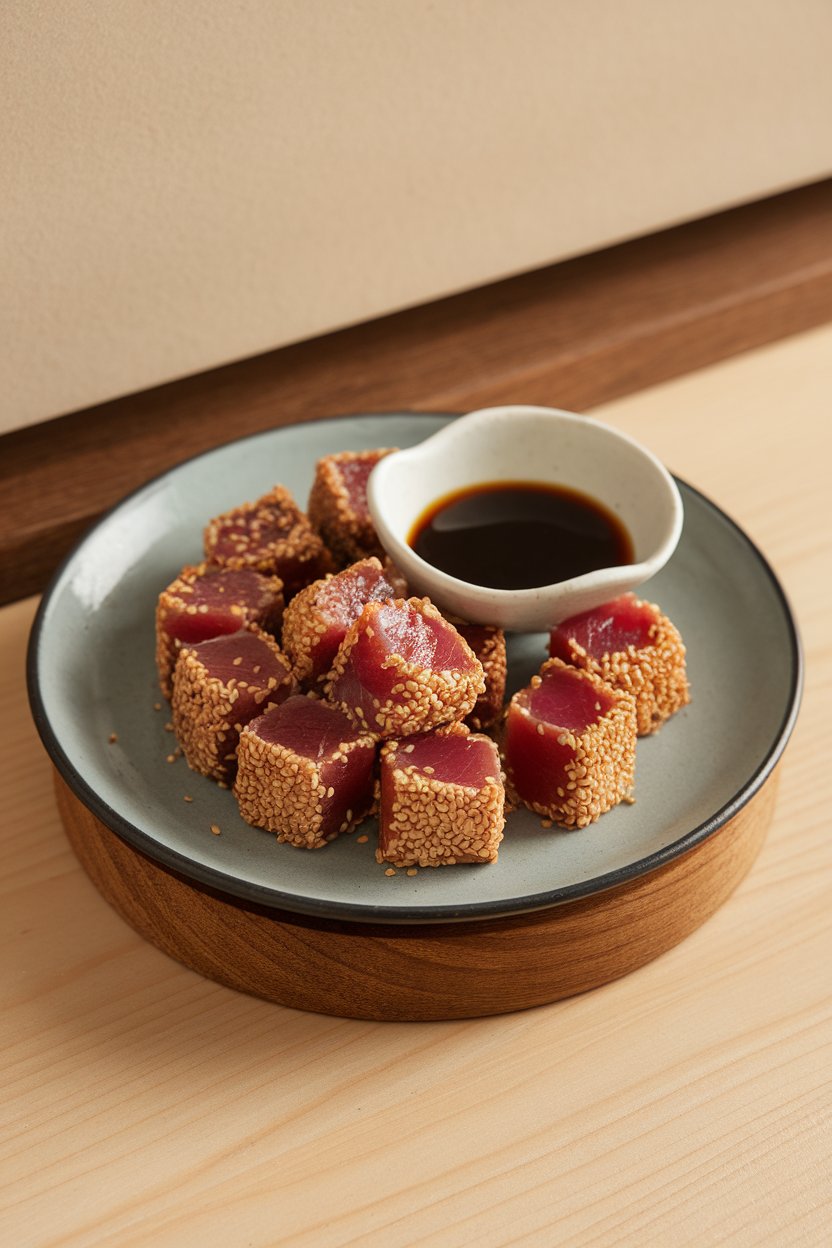 Plate of bite-size tuna cubes coated in sesame seeds, fully seared, with small bowl of soy dipping sauce; indoor, no text or logos.