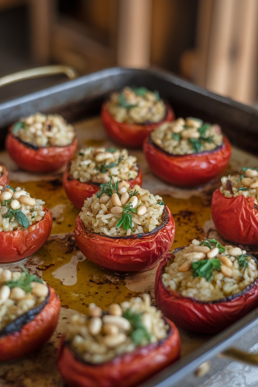 An indoor baking dish containing roasted tomatoes filled with herbed rice, pine nuts, and herbs, olive oil glistening on top. Photo only, no text or logos.