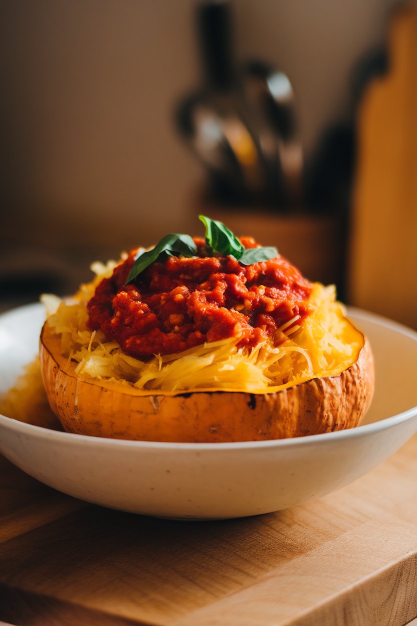 Photo of roasted spaghetti squash strands topped with chunky marinara and fresh basil, served indoors in a white bowl. No text or logos visible.