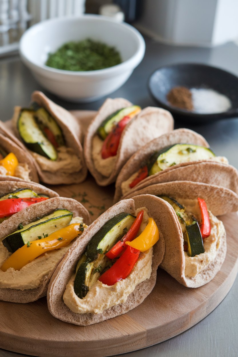 A cutting board on an indoor counter displaying whole-wheat pitas stuffed with roasted zucchini, bell peppers, and a creamy layer of hummus. No text or brand names visible.