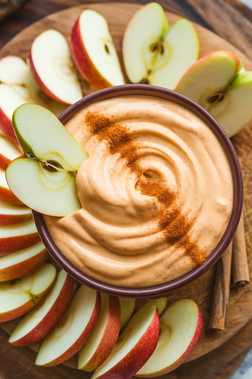 An indoor bowl of creamy orange pumpkin yogurt dip surrounded by apple slices, photo only, no text or logos.