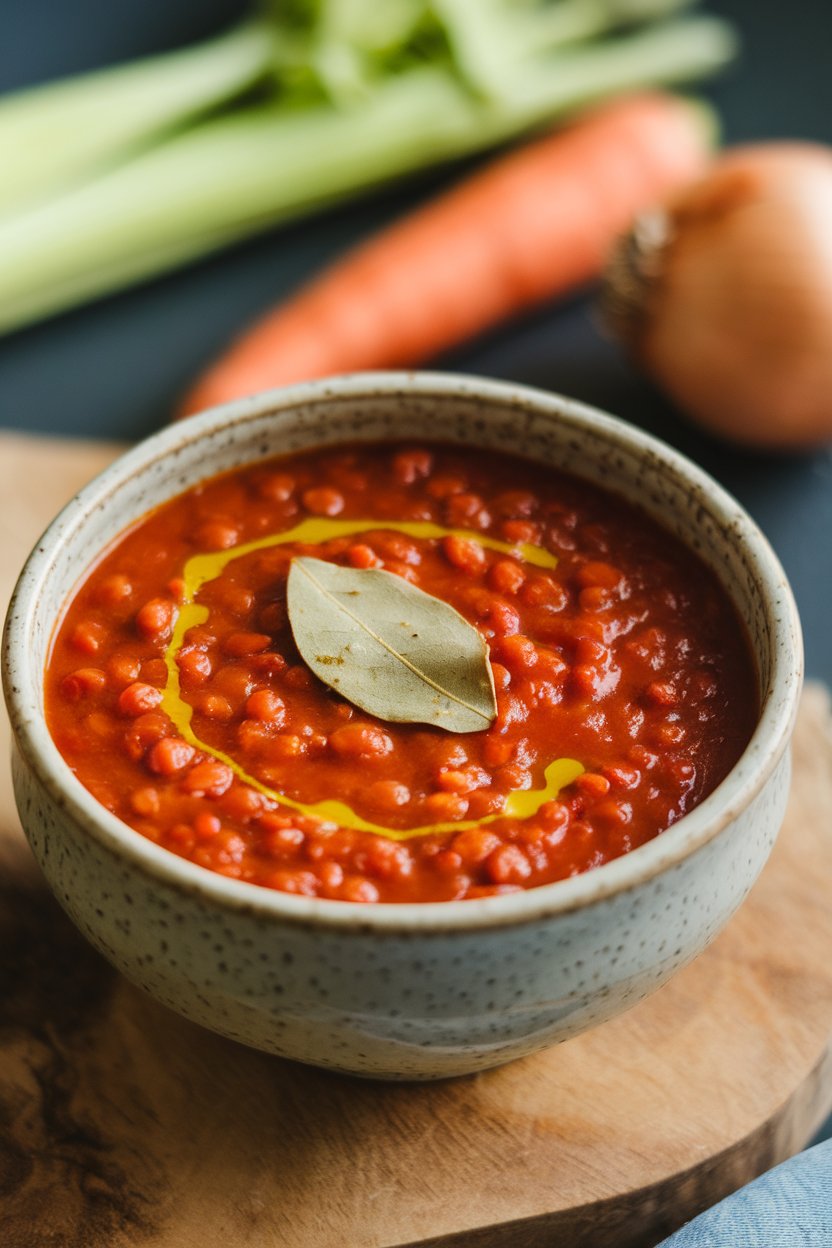 An indoor bowl of thick Greek lentil soup with tomato base, bay leaf garnish, and drizzle of olive oil; no text or logos; photo.