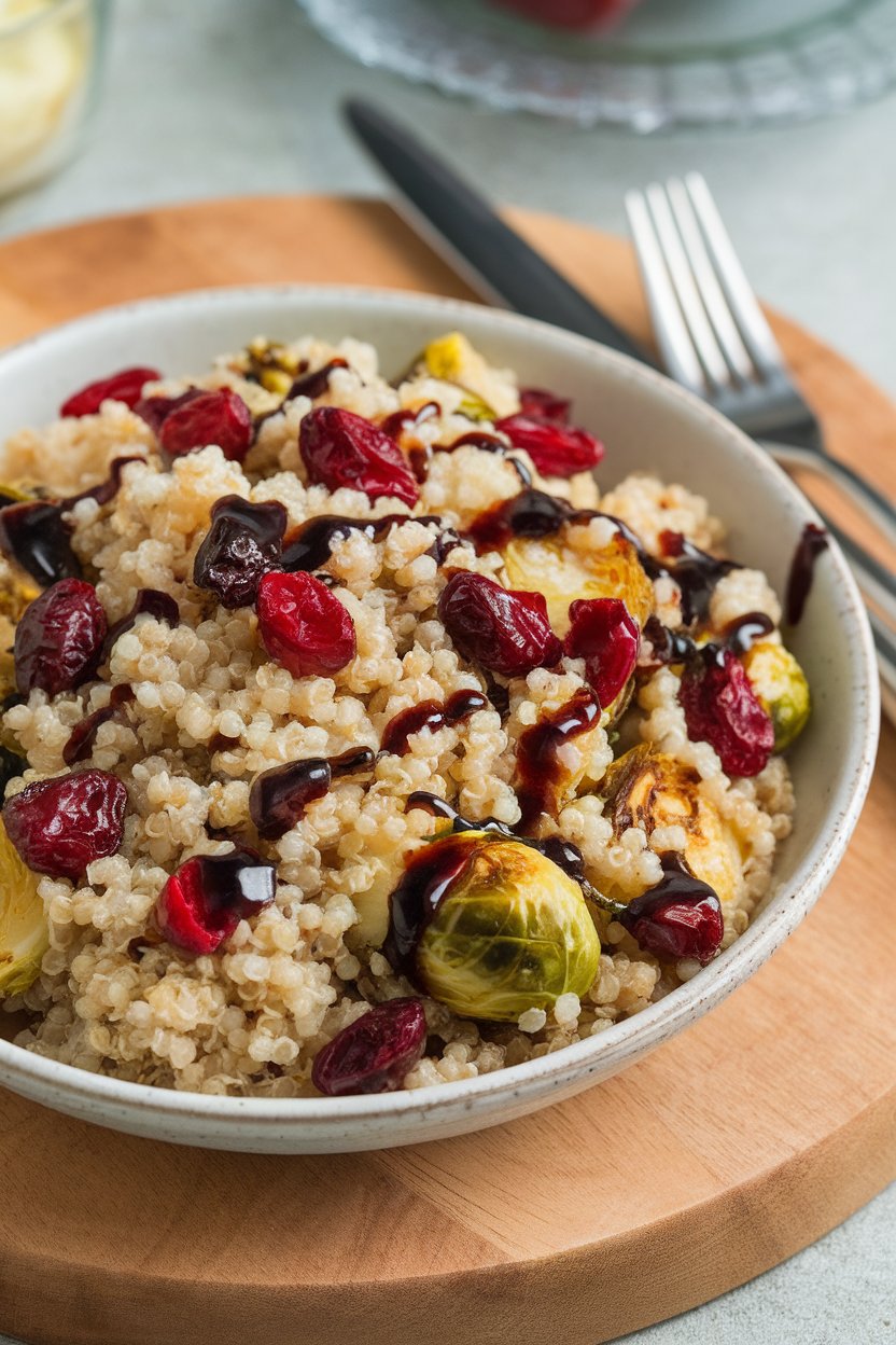 Indoor photo of quinoa mixed with roasted Brussels sprouts and cranberries, balsamic glaze drizzle, no text or logos