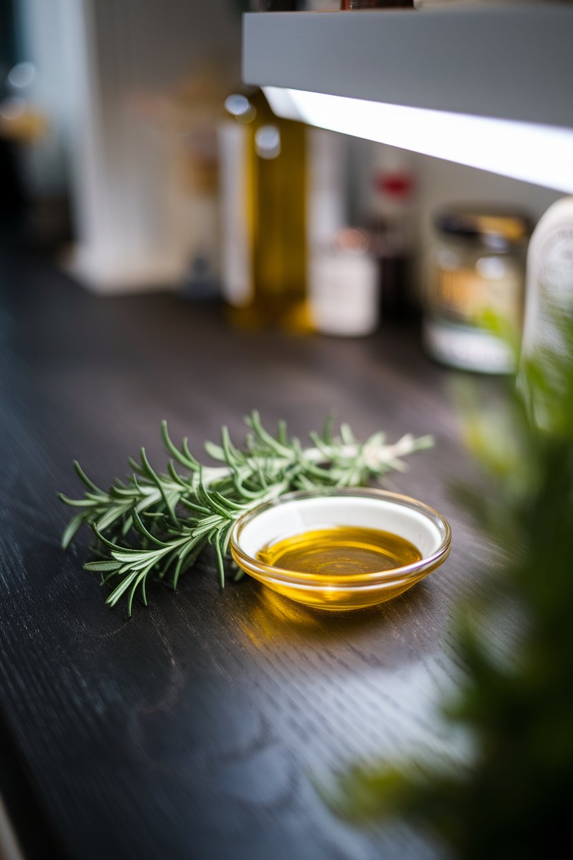 An indoor counter showing a small dish of golden olive oil beside a bunch of fresh rosemary, softly lit with shallow depth of field. No text or logos on bottles or dish.