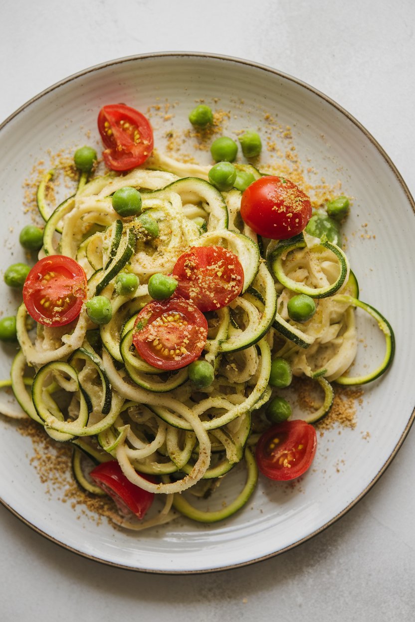 Photo, indoors, shallow plate with spiraled zucchini noodles tossed with cherry tomatoes, peas, and a light herb sauce, sprinkled with nutritional yeast. No text or logos present.