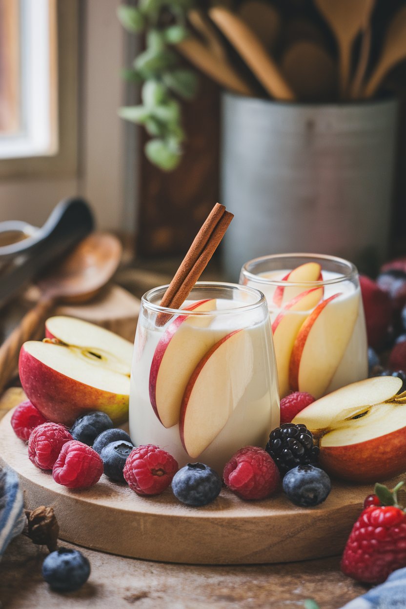 Indoor photo of sliced poached apples in vanilla almond milk with a cinnamon stick floating. No text or logos.