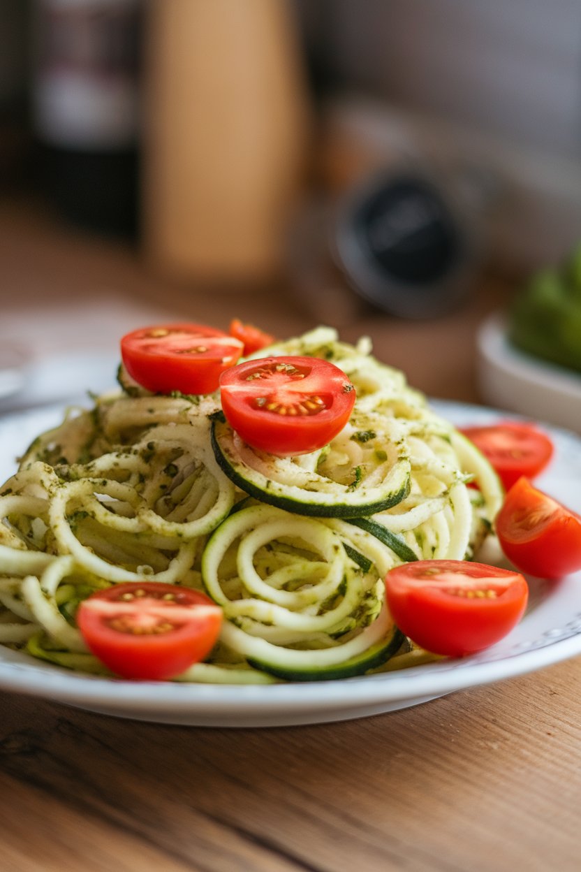Indoor dinner plate photo of spiralized zucchini noodles lightly coated in basil pesto, cherry tomato halves scattered on top. No text or logos.