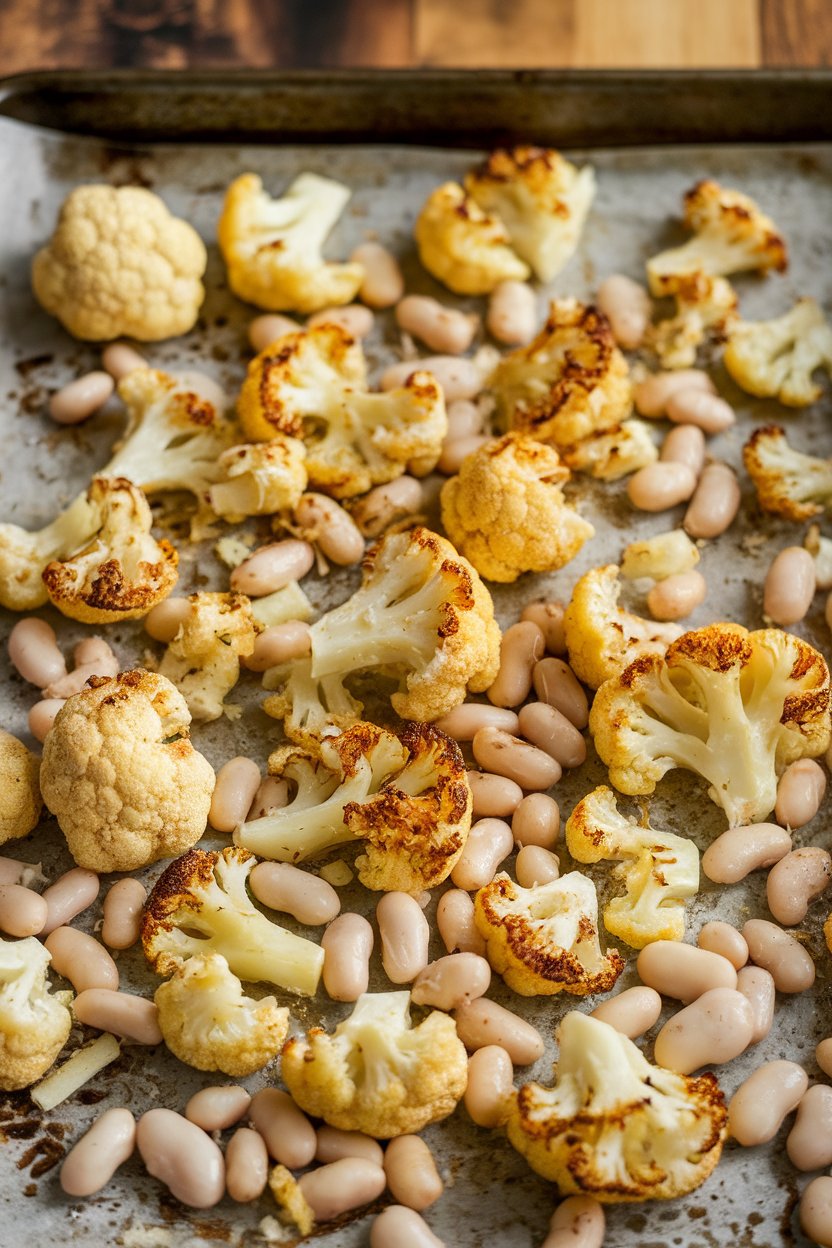 Indoor photo of a sheet pan of roasted cauliflower florets mixed with white beans and a sprinkle of Parmesan; no text or logos
