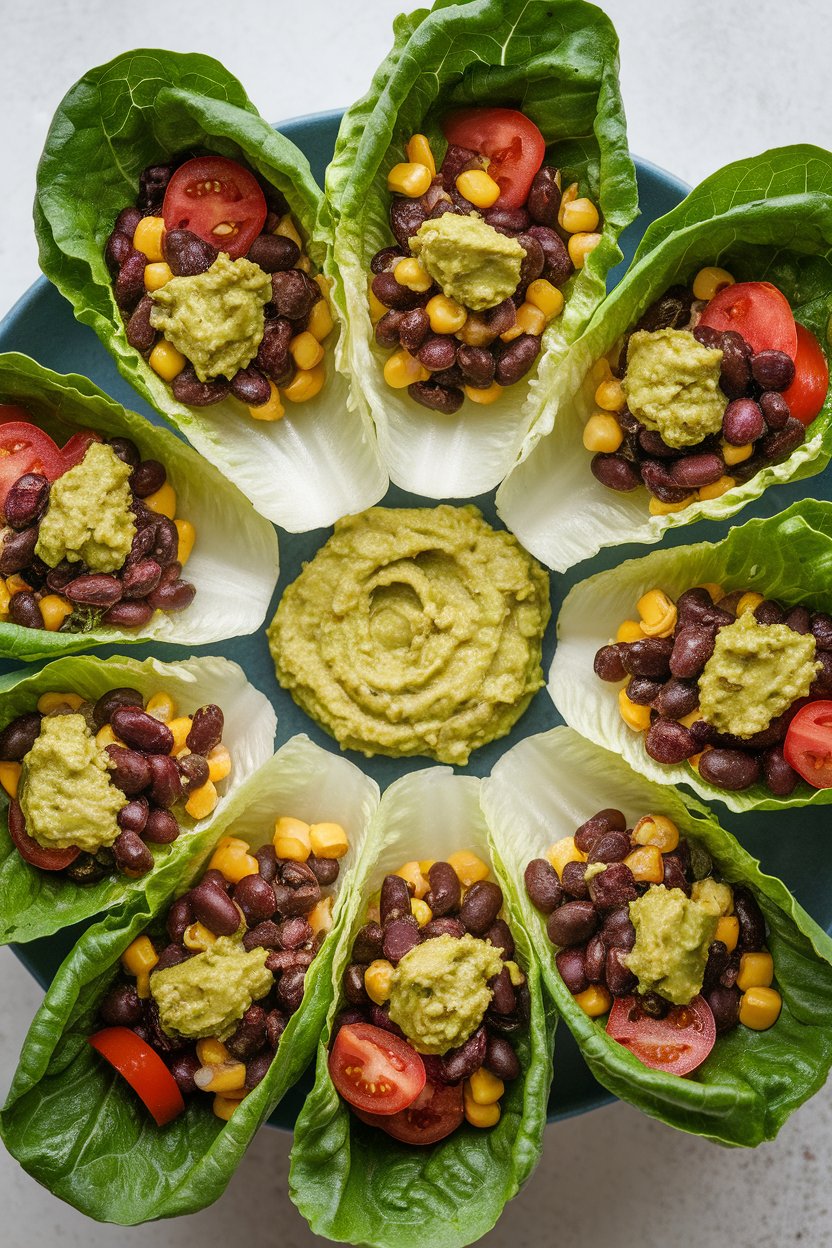 Indoor platter of romaine boats filled with seasoned black beans, corn, tomato, and guacamole; overhead soft light; photo, no text or logos.