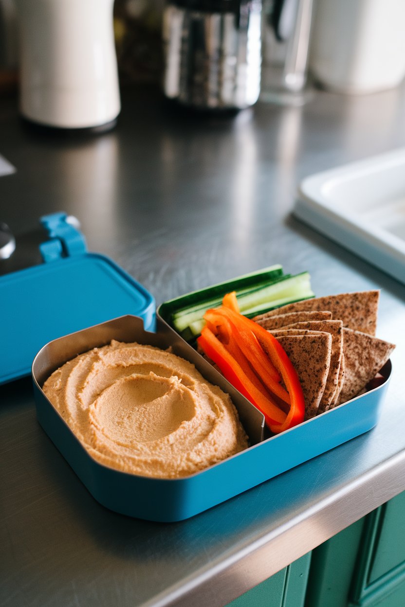 A divided bento box on an indoor kitchen island containing creamy hummus, cucumber sticks, bell pepper strips, and whole-grain pita triangles. Photo, no text or logos.