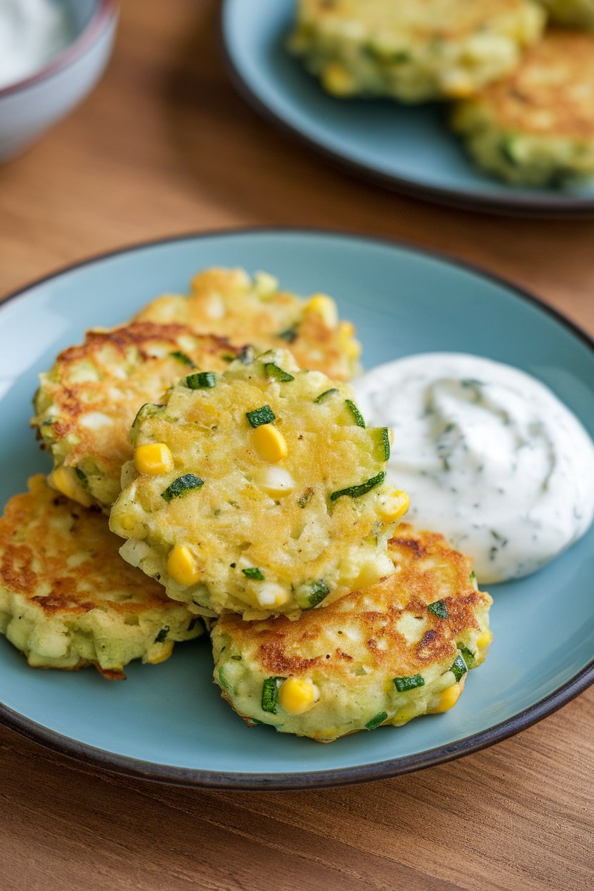 An indoor plate with small round fritters flecked with green zucchini and yellow corn, a dollop of yogurt dip on the side; no text or logos.