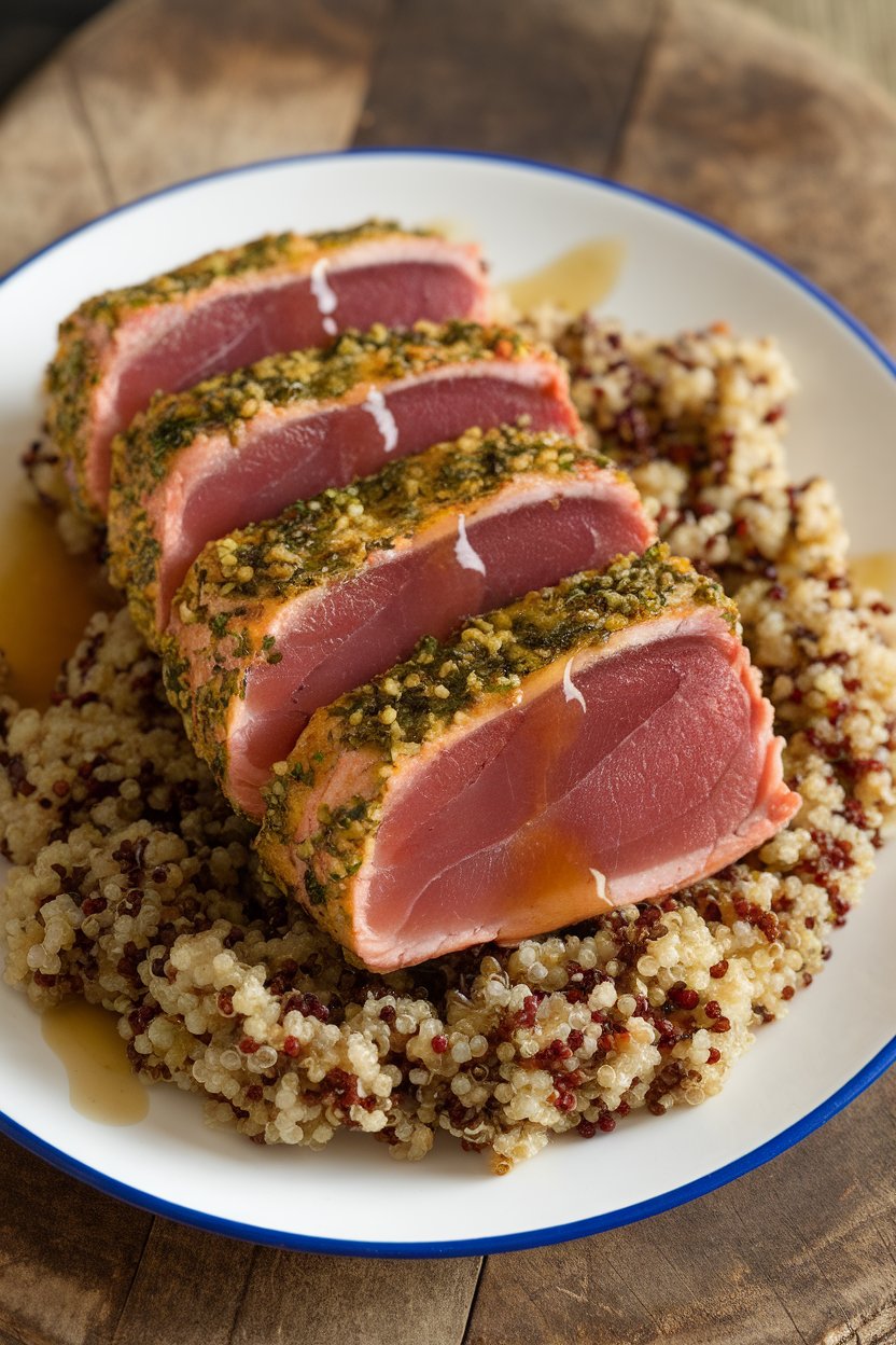 Indoor photo of medium-cooked ahi tuna slices with herb crust arranged beside tri-color quinoa on a plate. No text or logos.