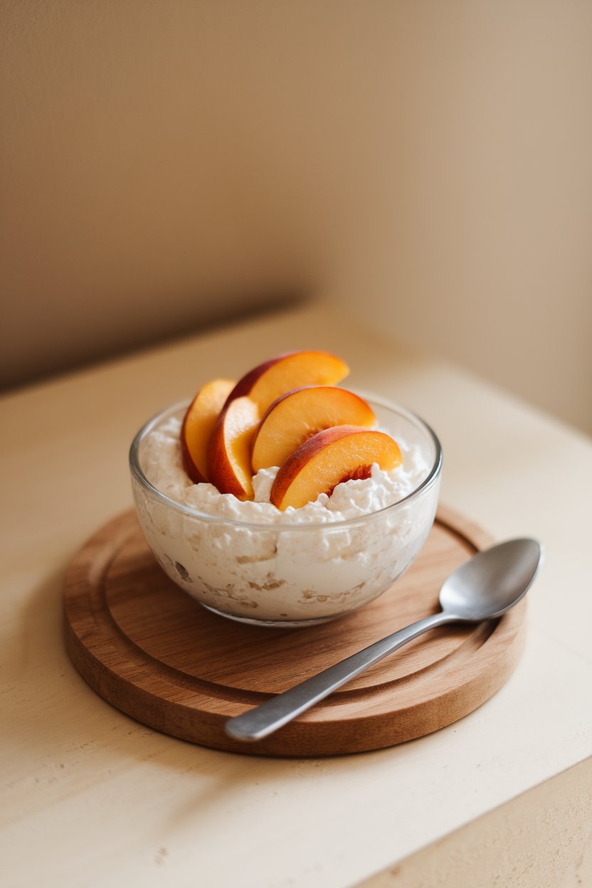 Indoor snack setup with a glass bowl of cottage cheese topped with sliced peaches on a small wooden board. No text or brand names visible. Photo.