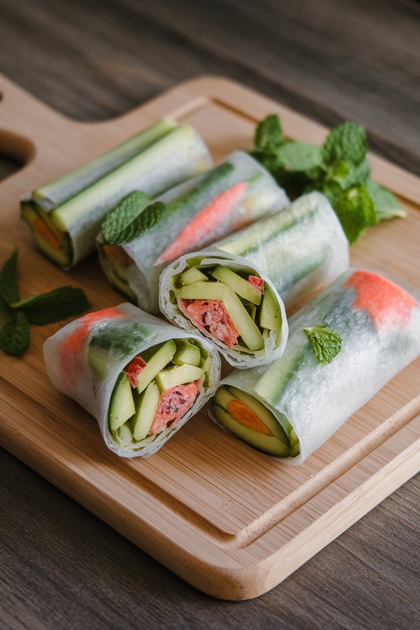 An indoor cutting board displaying rice-paper rolls packed with cucumber sticks, avocado slices, and mint, cut to reveal colorful interiors. No text or logos; photo.
