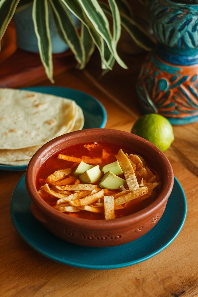 Indoor Mexican tabletop with clay bowl of tortilla soup, fried tortilla strips floating in red broth with avocado cubes. No text or logos. Photo.