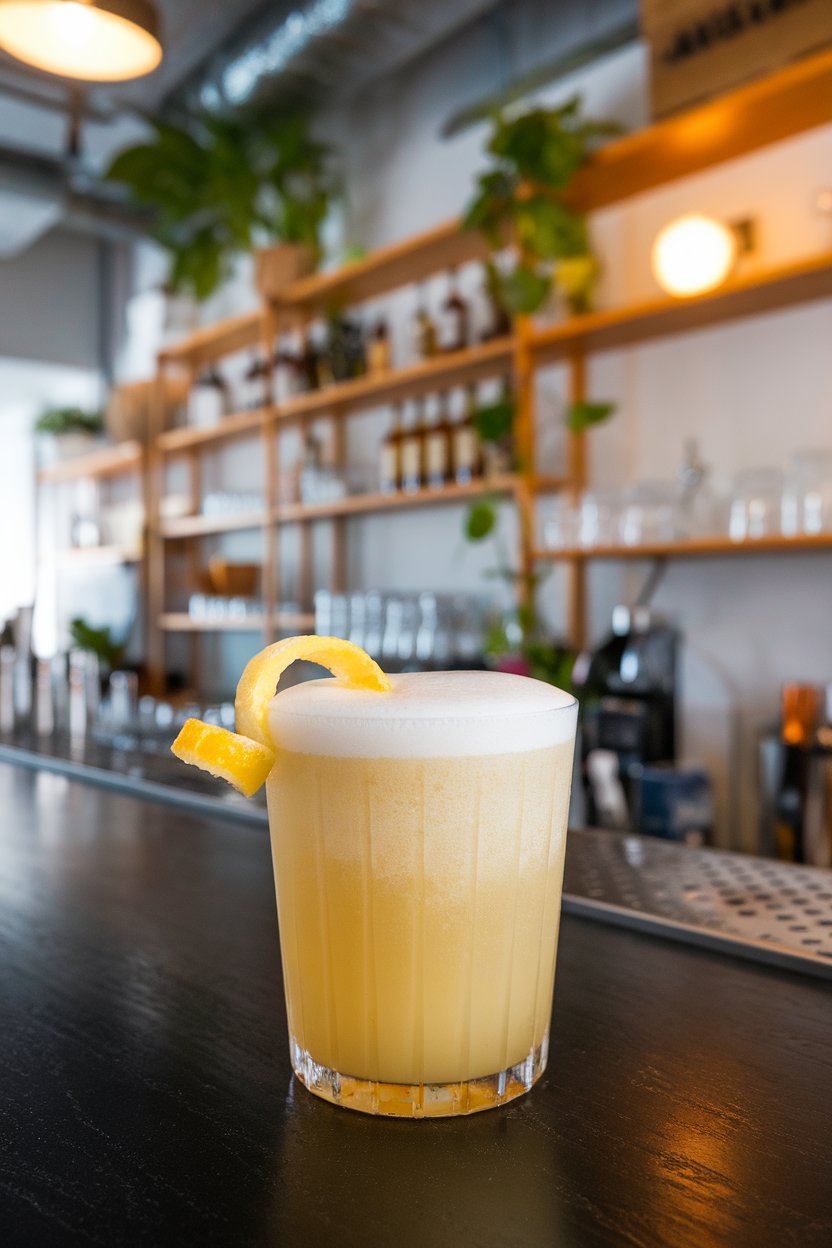 Photo of pale-yellow foamy shots with a micro yuzu peel twist, indoor bar; no text or logos.