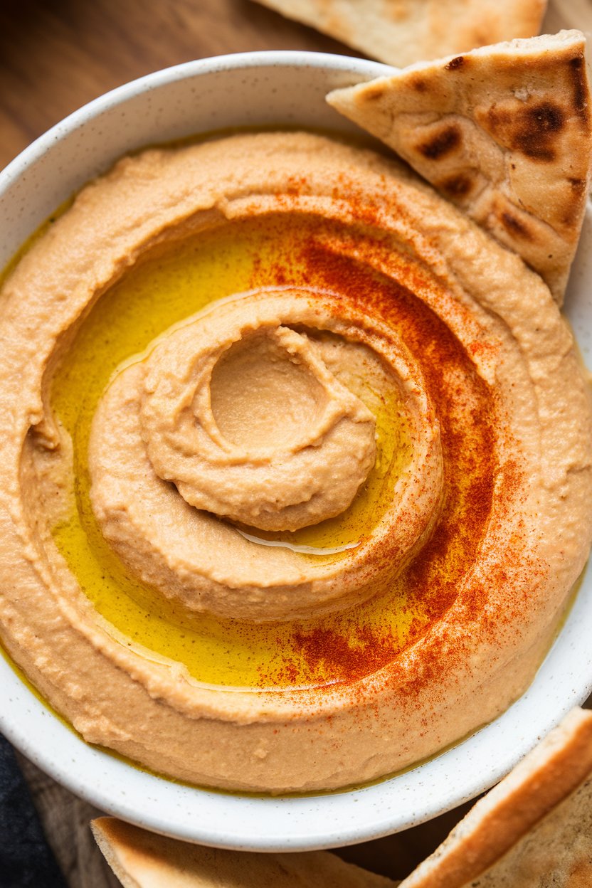 An indoor bowl of smooth hummus swirled with olive oil and paprika, pita triangles nearby. No text or logos. Photo, not illustration.