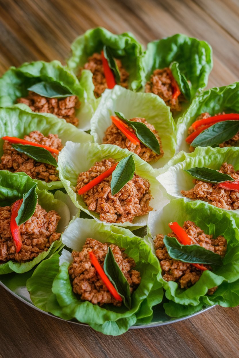 Indoor photo of crisp lettuce leaves filled with cooked ground chicken, Thai basil, and red bell pepper strips on a platter. No text or logos.