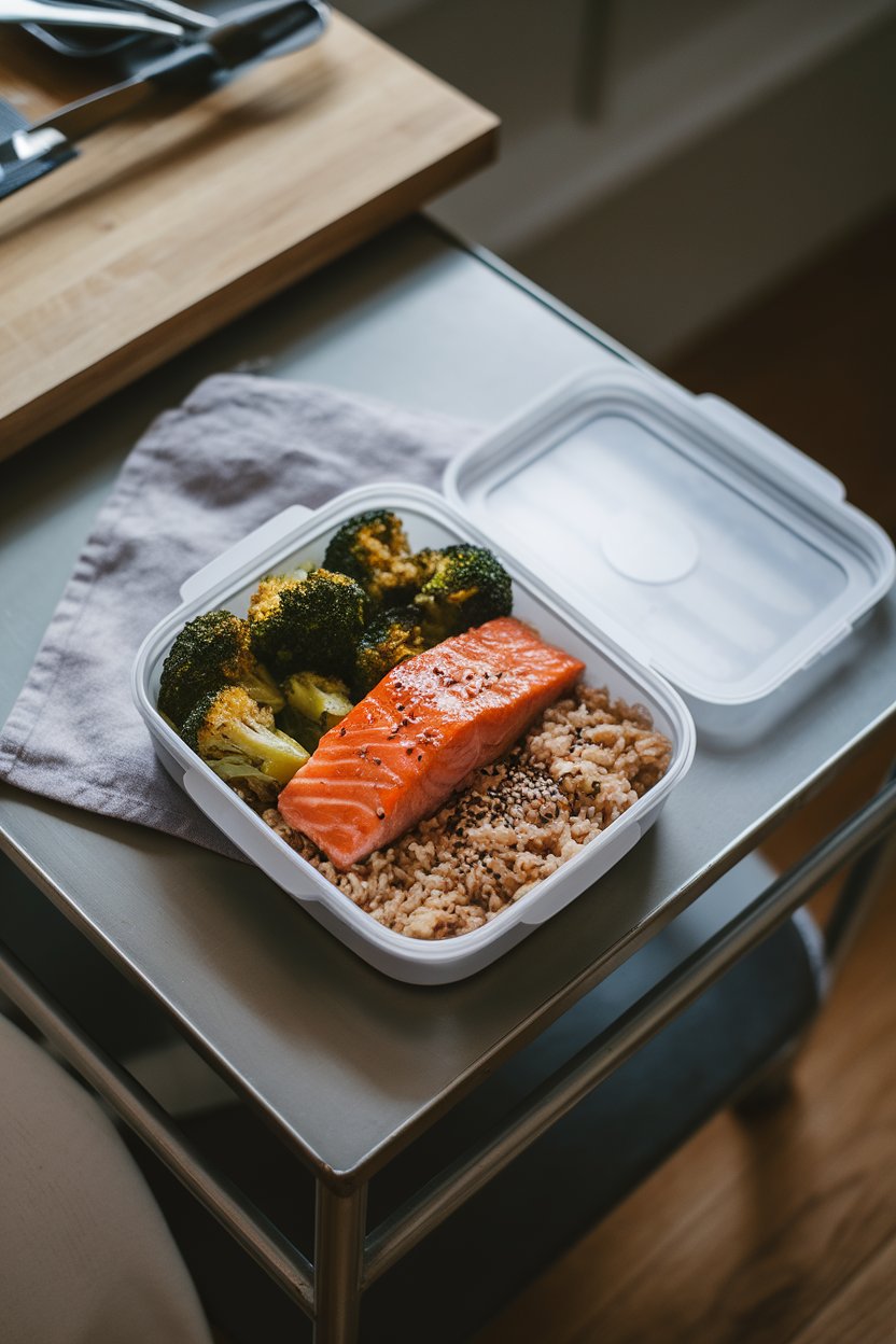 A neatly arranged meal-prep container on an indoor table with glazed cooked salmon fillet, roasted broccoli florets, and brown rice sprinkled with sesame seeds. Soft overhead lighting; no text or logos on any items.