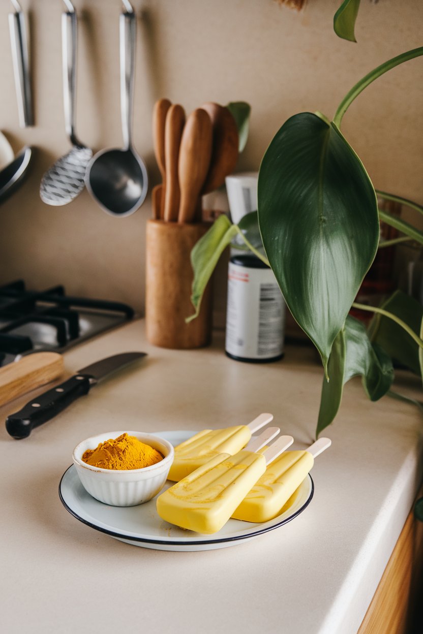 An indoor kitchen counter displaying yellow mango yogurt pops with faint swirls, a small bowl of turmeric nearby. Photo only; no text or logos.