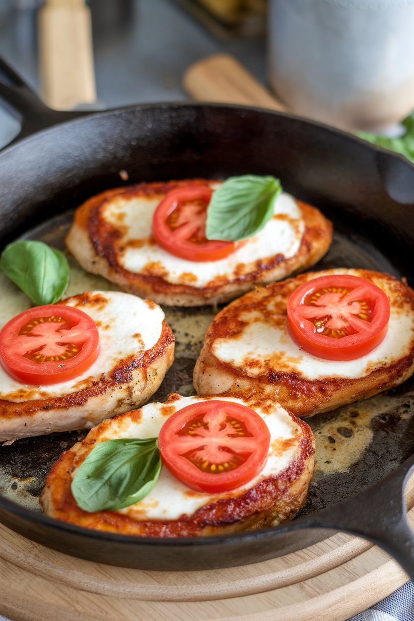 An indoor cast-iron skillet containing seared chicken breasts topped with melted mozzarella, tomato slices, and fresh basil. No text or branding visible.