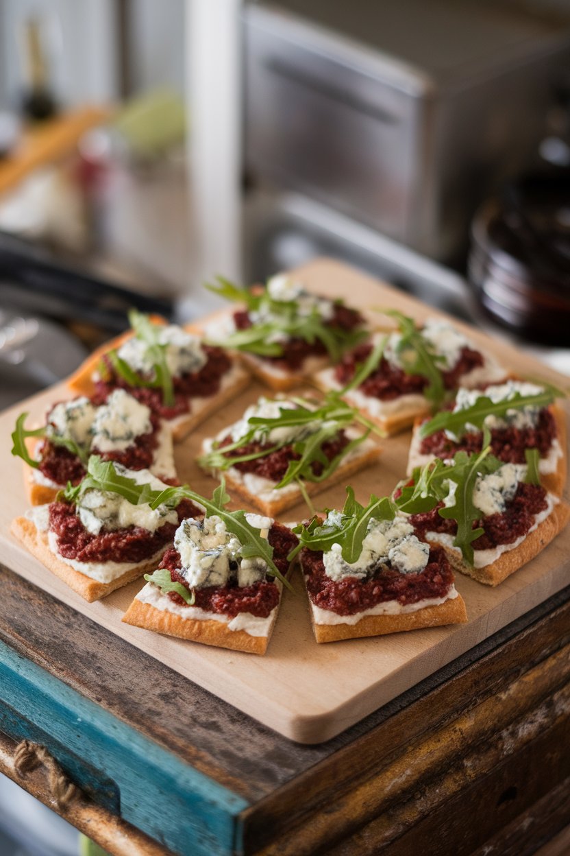 A cutting board indoors with flatbread squares topped with fig spread, melted blue cheese, and arugula ribbons. No text or logos.