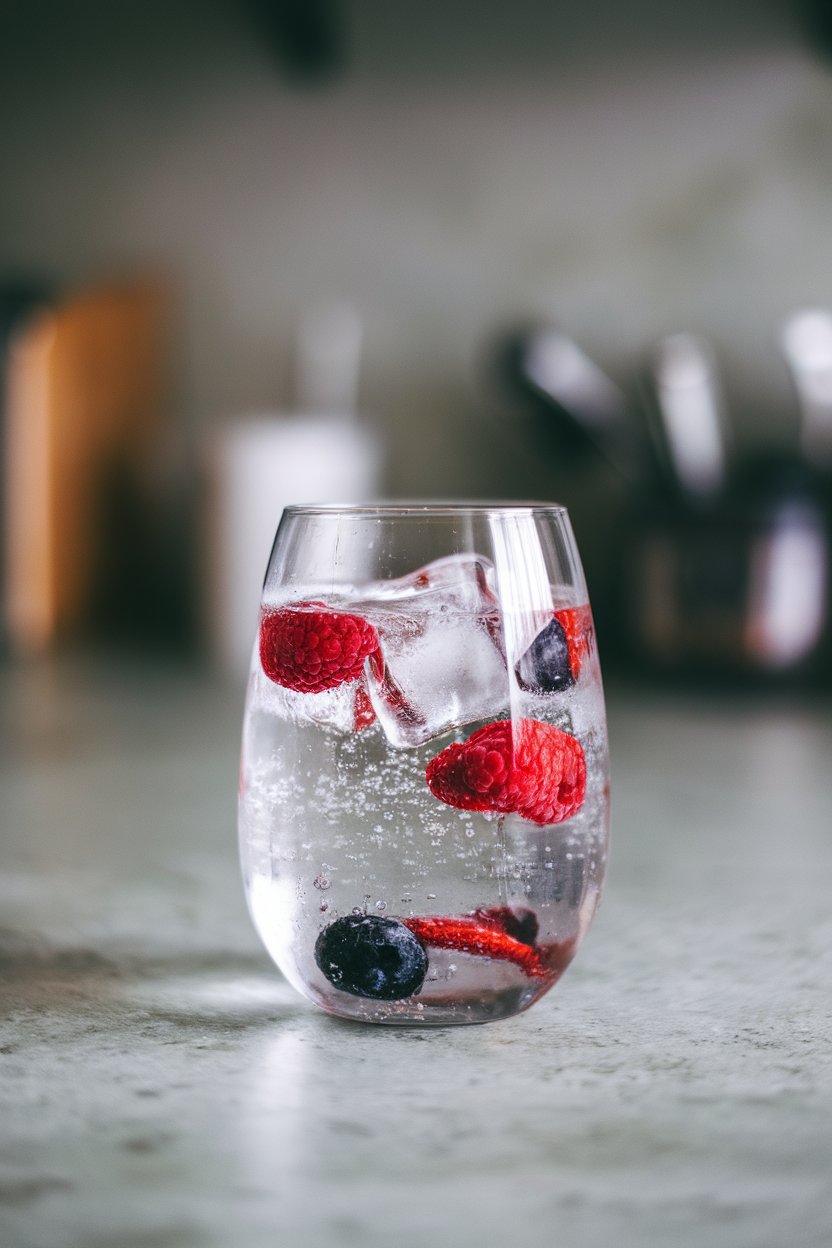 Indoor photo of a clear glass filled with sparkling water, ice cubes, and floating mixed berry slices, soft countertop setting, no text or logos