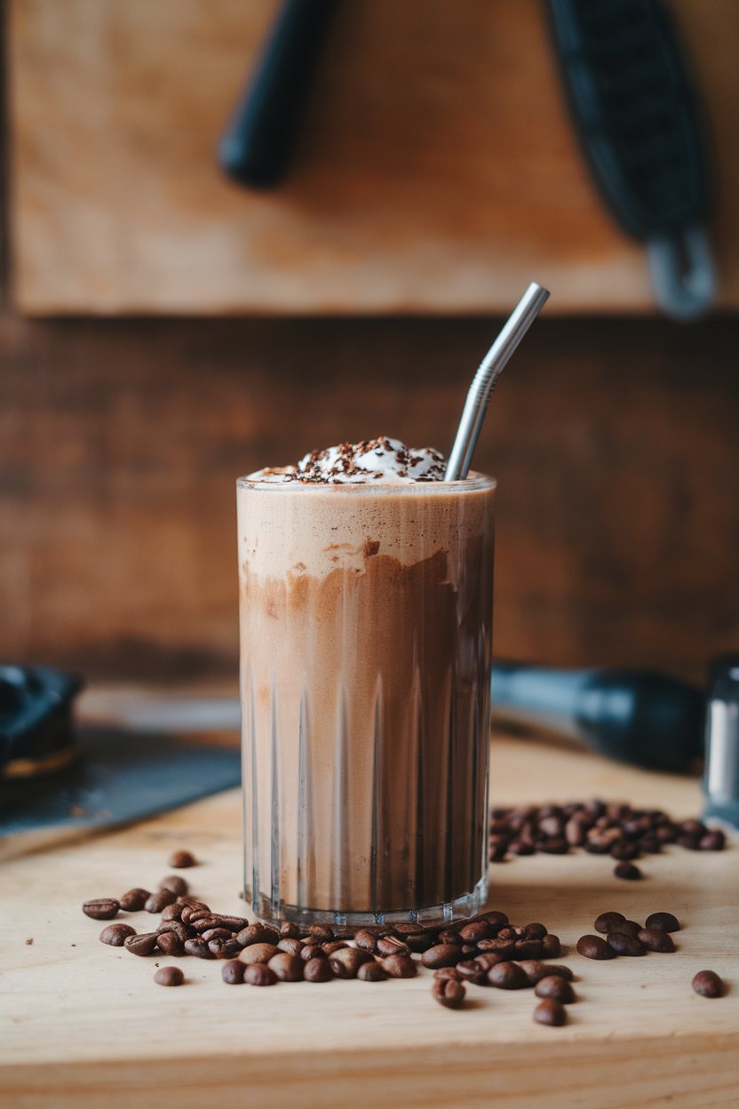 A highball glass indoors holding a frothy chocolate-coffee protein shake with a metal straw beside scattered coffee beans. Photo only, no text or logos.