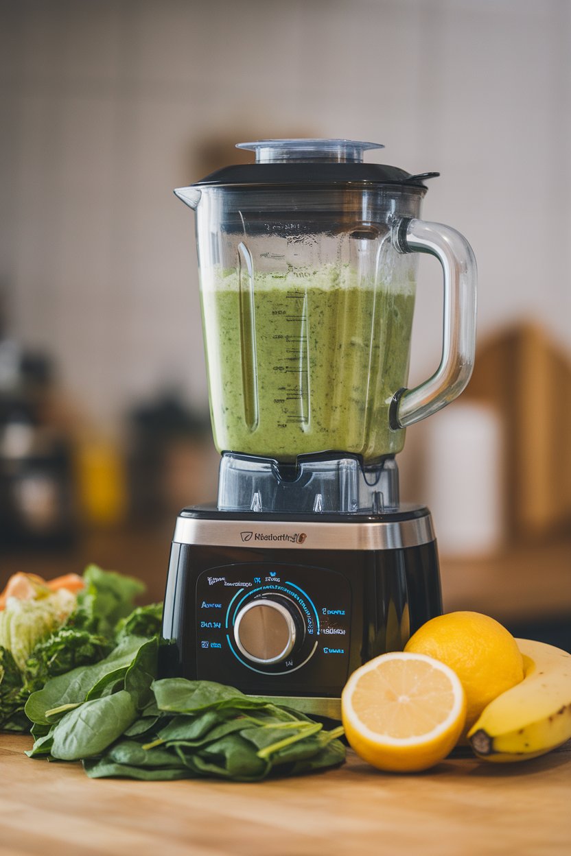 An indoor countertop blender jar filled with a vibrant green smoothie, ready to pour; no text or logos. Photo.