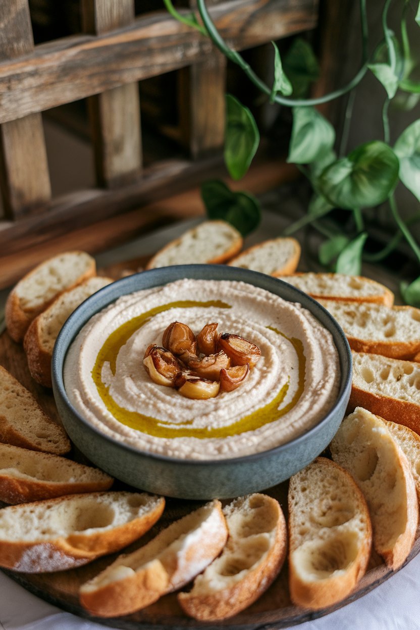 A rustic indoor bowl of creamy white bean dip swirled with olive oil and topped with roasted garlic cloves, surrounded by crostini. No text or logos. Photo.