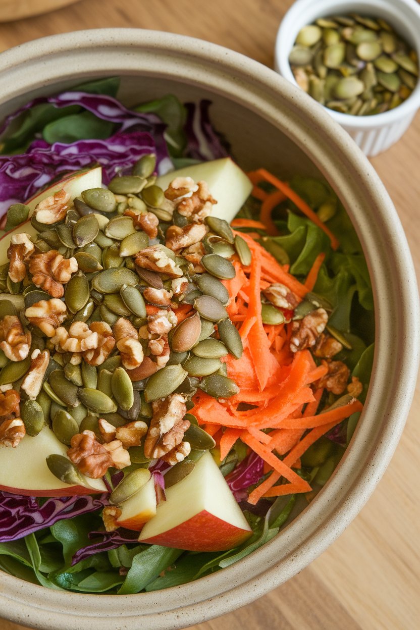 An indoor salad bowl topped with toasted pumpkin seeds and crushed walnuts, a small ramekin of extra seeds beside it. No text or logos on bowl.